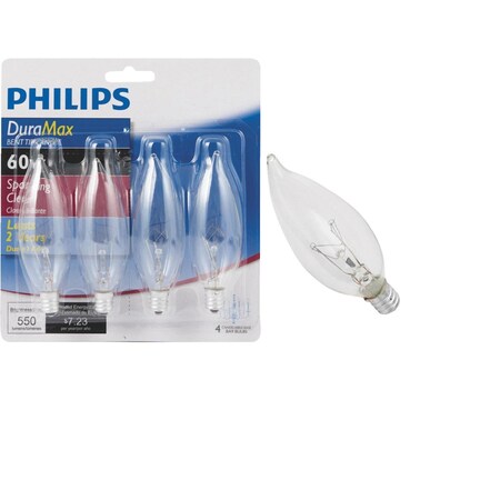 Philips DuraMax 60 W BA9.5 Decorative Incandescent Bulb E12 (Candelabra) Soft White , 4PK 167213